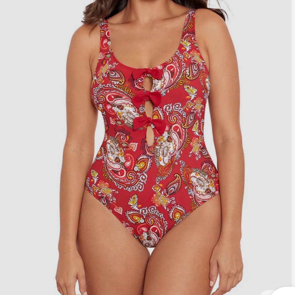 Sz M Red Paisley Swimsuit